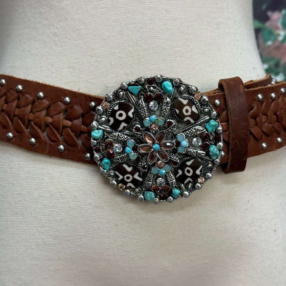 Leatherock Braided Leather Stud Belt Turquoise Buckle